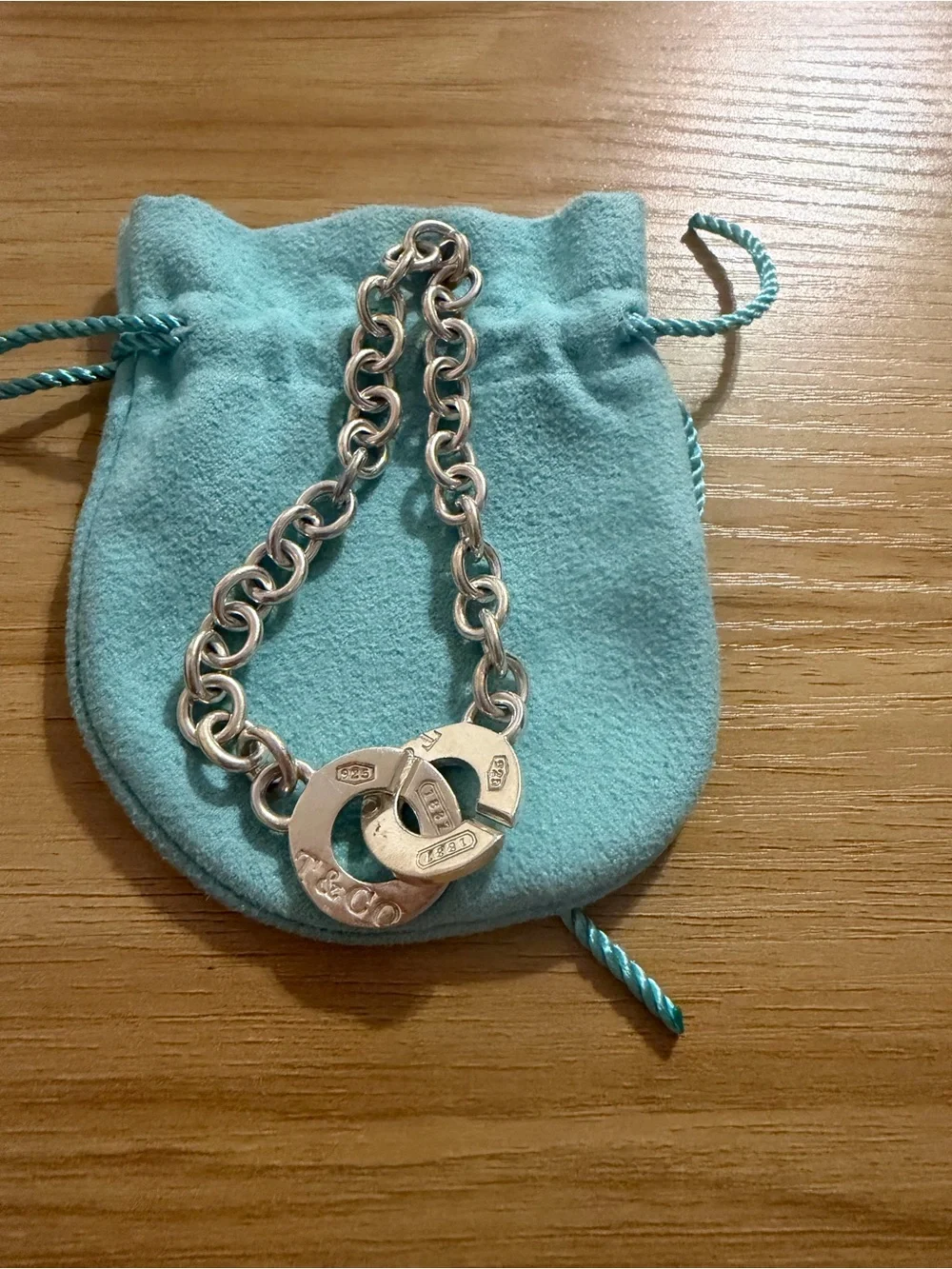 Silver Link Bracelet with Interlocking Circle Charms - Turquoise Accent